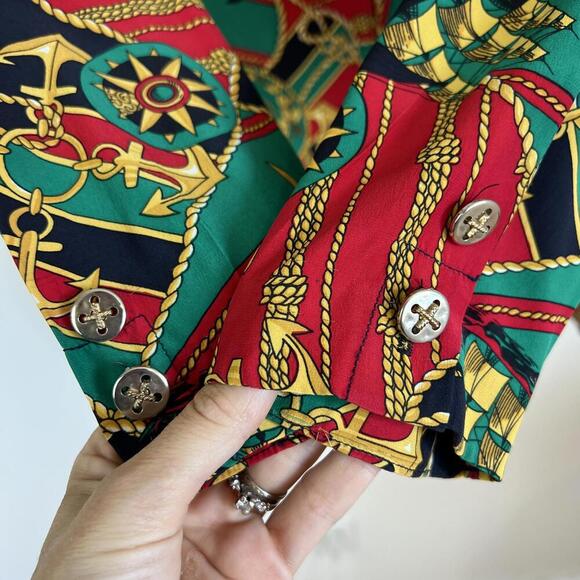 Vintage Peter Nygard Women's 10 Blue Red Nautical Print 100% Silk Suit Blouse - Picture 3 of 15